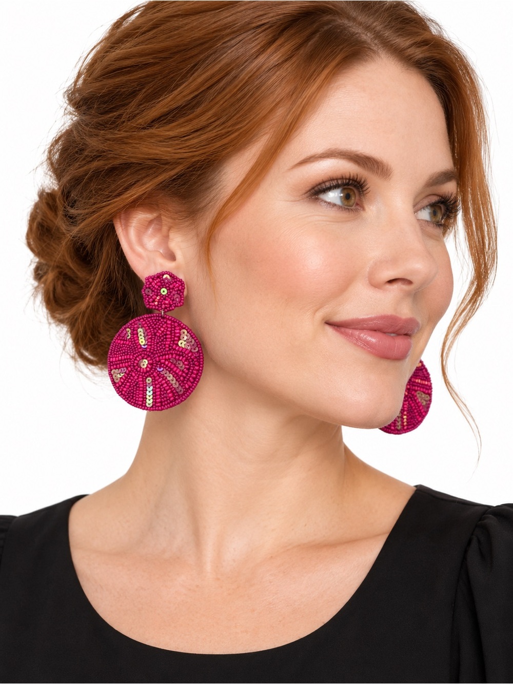Kaylee New York Fuchsia Sequin Beaded Circle Statement Earrings